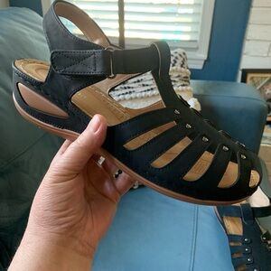 Ecetana - Chic Black Strappy Sandals; Women’s Size:  43 (11 to 11-1/2 Medium)